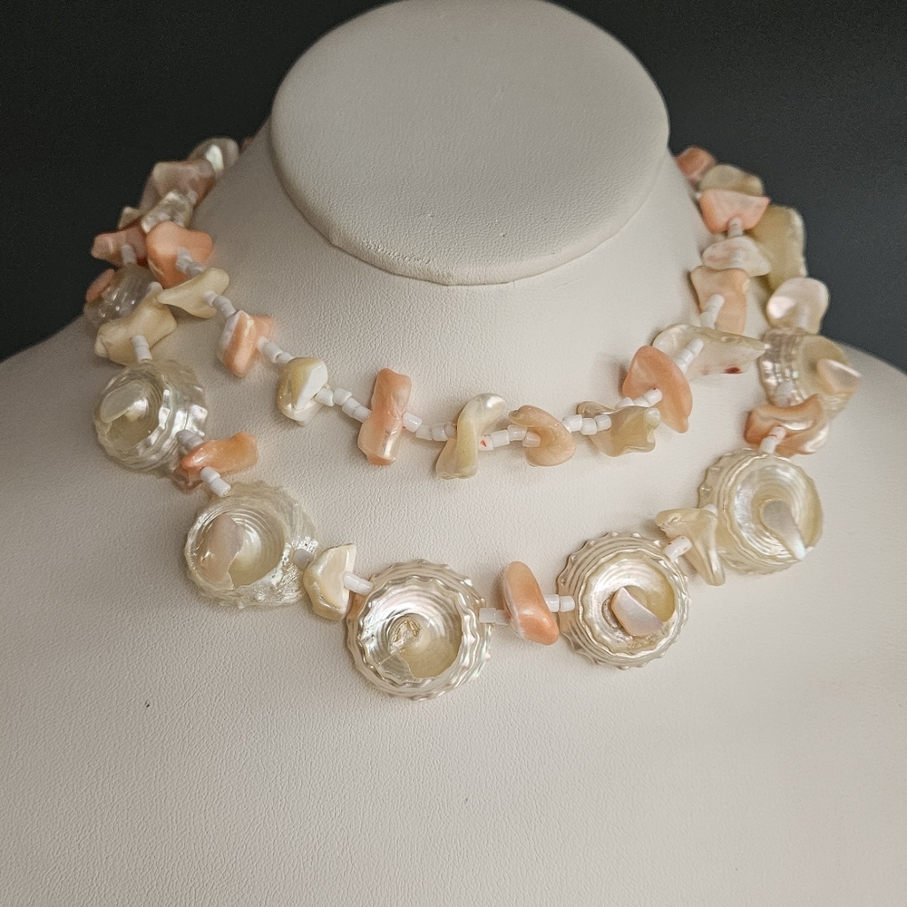 Vintage Japan Signed Necklace 50s 60s Puka Shell MOP Pink White Double Strand